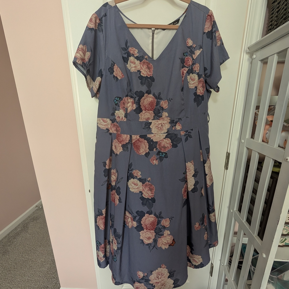 eshakti Dusty Blue Floral V-Neck Fit & Flare Dress